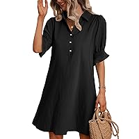 FENSACE Womens Casual Shirt Dress Ruffle Sleeve Solid Color Button Down Shift Summer Dress with Pockets