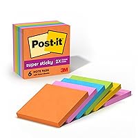Super Sticky Notes, 3x3 in, 6 Pads, 2x the Sticking Power, Energy Boost Collection, Bright Colors (Orange, Pink, Blue, Green,Yellow),Recyclable (654-6SSAU)