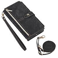 Wallet Case Compatible with Samsung Galaxy A22 4G, Crossbody Strap 9 Card Slots Zipper Flip Folio Phone Case with Wrist Strap Kickstand (Black)