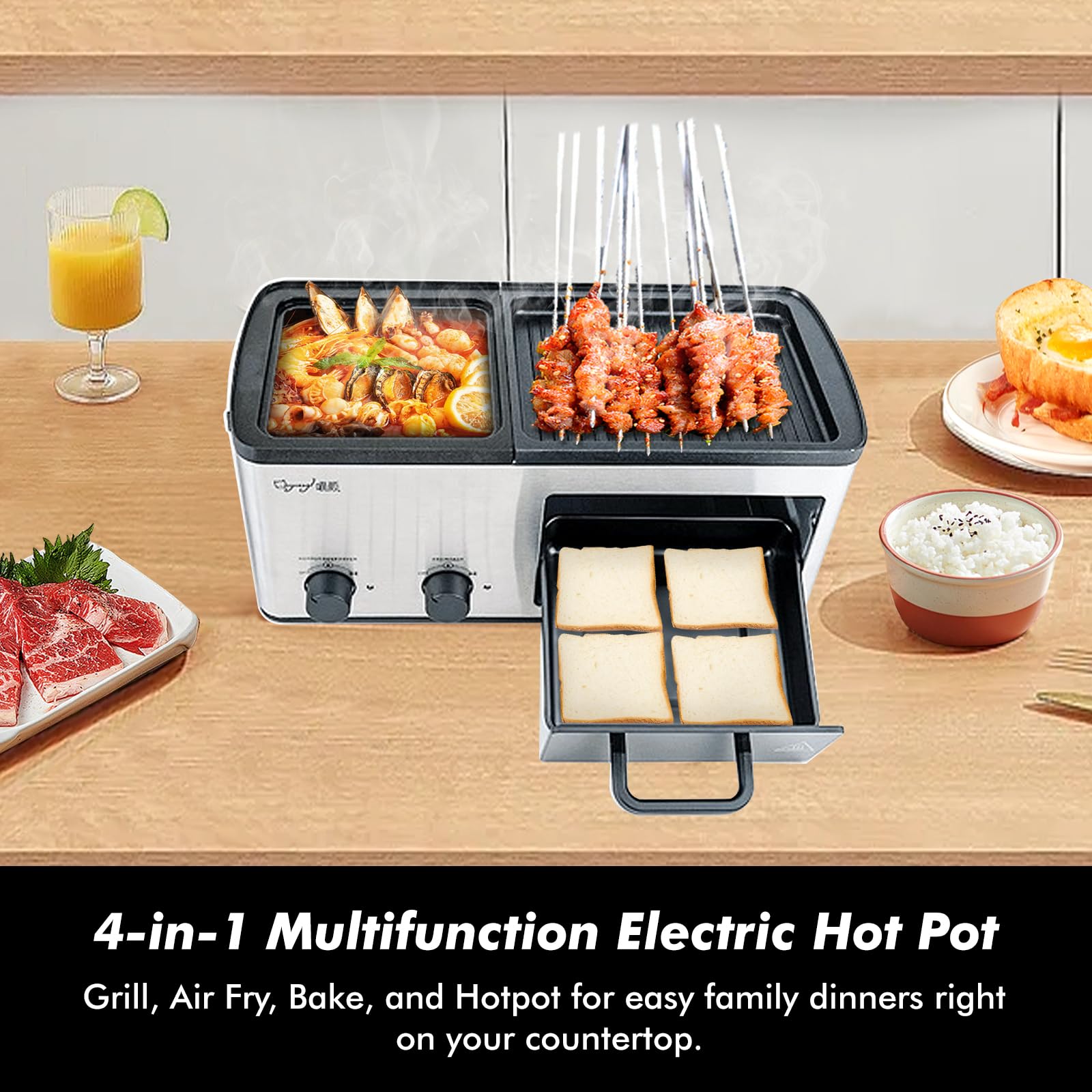 4 in 1 Hot Pot Electric with Grill and Frying Basket, Non-Stick Multi-Cooker with Independent Dual Temperature Control and Fast Heating for Korean BBQ, Simmer, Boil, Fry, Roast, Silver