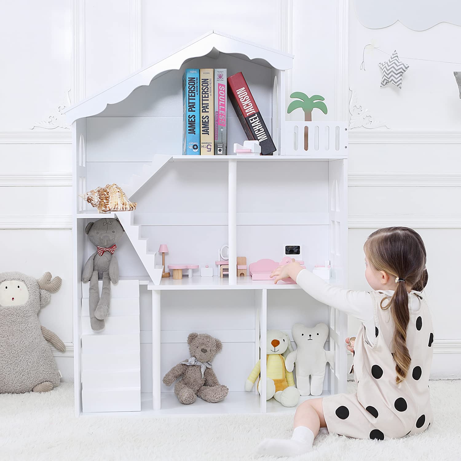 YFDZONE Dollhouse Bookshelf, Wooden Kids Bookshelve Children Doll House Toy Storage 3-Tier Kids Bookcase for Books Doll Toy Gift for Girls Ages 3-7+