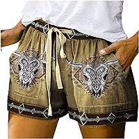 Womens Drawstring Sweat Shorts, Vintage Print Short Pants High Waist Casual Summer Shorts Loose Lounge Pants Hot Pant