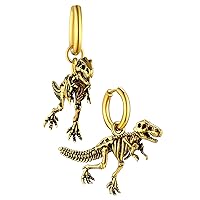 FaithHeart Dinosaur Earrings for Men Gothic Dino Skull Hoop Earrings Silver/Black/Gold Stainless Steel Lightweight Drop Dangle Earrings for Sensitive Ears