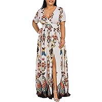 Plus Size Maxi Dress for Women V Neck Floral Printed Short Sleeve Summer Casual Long Dress for Beach and Vacation