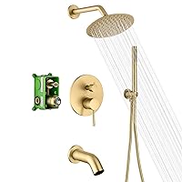 SUMERAIN Shower System with Tub Spout and Handheld Shower, Brass Rain Shower Tub Set with 8 Inches Shower Head and Rough in Valve Brushed Gold