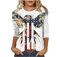 Women's American USA Flag Patriotic T-Shirts 4th of July Shirts Bald Eagle Print Summer 3/4 Sleeve Casual Blouses