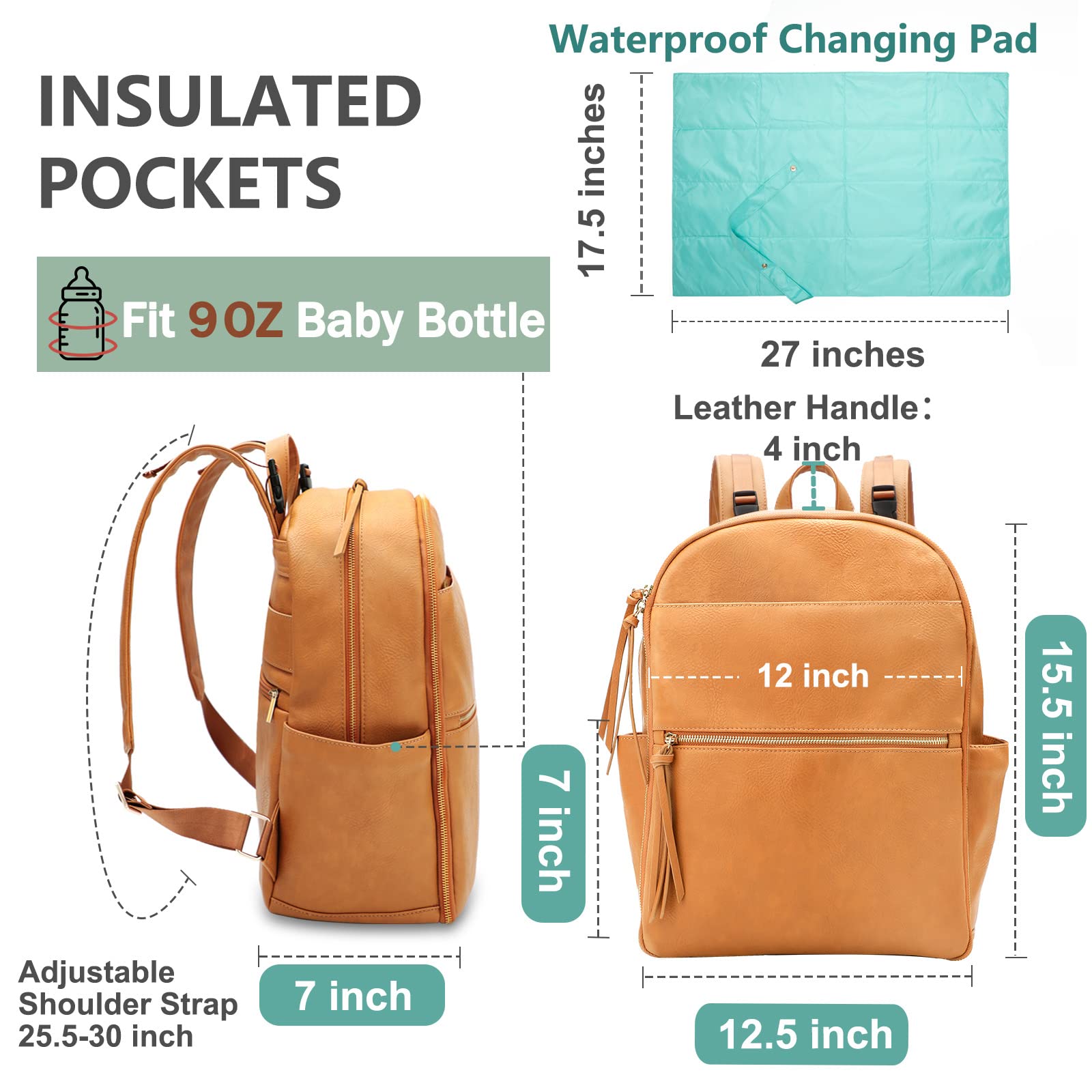 MOMINSIDE Diaper Bag Backpack, Small Diaper Bag Tote, Leather Baby Bag with 6 Insulated Pockets for Mom Dad, Baby Registry Search, Changing Station, Stroller Straps, Large Capacity