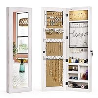 SRIWATANA Jewelry Armoire Cabinet, Solid Wood Jewelry Organizer with Full Length Mirror Wall/Door Mounted(Washed White)