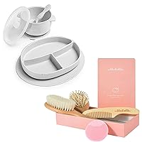 4 Piece Wooden Baby Hair Brush and Comb Set & Suction Toddler Plates & Bowls Complete Set w/Spoon- BPA Free 100% Food Grade Silicone