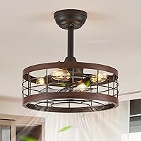 LEDIARY 16.5in Caged Ceiling Fan with Light, Bladeless Industrial Ceiling Fan with Remote, Rustic Metal Fan Lights Ceiling Fixtures for Kitchen, Farmhouse, Bedroom（6 Speed,1/2/4/8h Timing）-Walnut