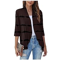 Fall Cardigans for Women Casual Lightweight Open Front 3/4 Sleeve Cardigans Soft Draped Ruffles Cropped Cardigan S-3XL