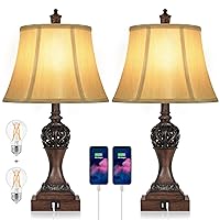 Set of 2 Touch Control 3-Way Dimmable Table Lamps with 2 USB Charging Ports Traditional Bedside Lamps with Bell Shape Faux Silk Shade & Brown Base for Bedroom Nightstand Living Room LED Bulbs Included