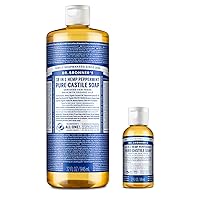 Dr. Bronner's - Pure-Castile Liquid Soap (Peppermint, 32 ounce and 2oz bundle) - Made with Organic Oils, 18-in-1 Uses: Face, Body, Hair, Laundry, Pets & Dishes, Concentrated, Vegan, Non-GMO