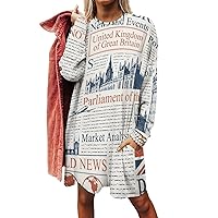 UK London Newspaper Long Sleeves Sweatshirt Dress for Women Casual Loose Pullover Round-Neck Tunic with Pockets