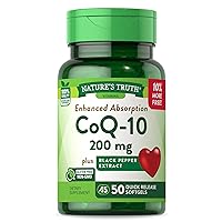 CoQ10 200 mg Softgels | 50 Count | Enhanced Absorption Supplement | Plus Black Pepper Extract | Non-GMO, Gluten Free
