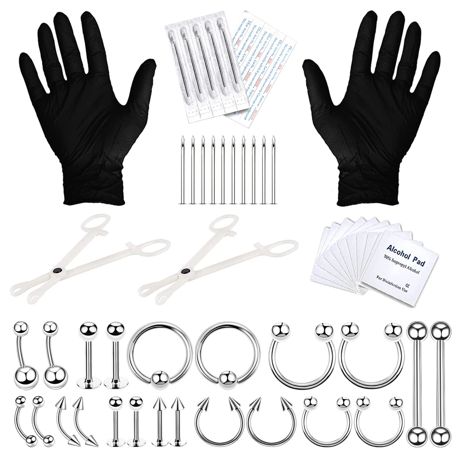 BodyJ4You 36PC PRO Body Piercing Kit | Nose Septum Ear Cartilage Lip Belly Navel Tragus Eyebrow | Surgical Steel 14G 16G BCR CBR Ring Barbell Spike | Tools Needles Gloves Clamps