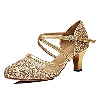 TDA Women's Ankle Strap Round Toe Sequins Mesh Synthetic Tango Ballroom Salsa Latin Dance wedding Shoes