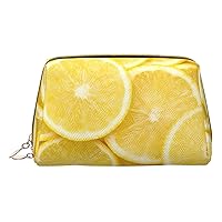 BREAUX Yellow Lemon Print Leather Clutch Zipper Cosmetic Bag, Travel Cosmetic Organizer, Leather Storage Cosmetic Bag