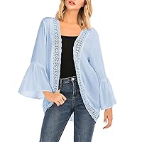 PEHMEA Women's 3/4 Bell Sleeve Open Front Cardigan Loose Kimono Robe Cover Up