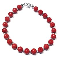 Red Coral Bracelet in Sterling Silver, Coral Gemstone Beaded Jewellery for Women or Men 7.5 inch