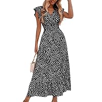Long Floral Dresses for Women, Ladies Casual Trendy Sexy 2024 V Neck Ruffled High Waist Dress A Line, S XL