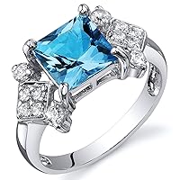 PEORA Swiss Blue Topaz Princess Cut Ring Sterling Silver 2.00 Carats Sizes 5 to 9