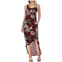 Women's Bohemian Round Neck Trendy Glamorous Dress Swing Casual Loose-Fitting Summer Sleeveless Long Print Flowy Beach