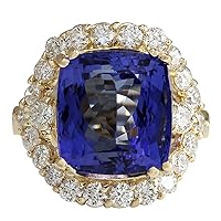 14.68 Carat Natural Blue Tanzanite and Diamond (F-G Color, VS1-VS2 Clarity) 14K Yellow Gold Luxury Cocktail Ring for Women Exclusively Handcrafted in USA