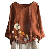 Womens Tops Summer Floral Print Cotton Linen Tshirt Retro Boho Crewneck Button Casual Dressy Shirts Comfy Tees Shirts