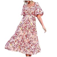 Women Cut Out High Waist Bohemian Floral A-Line Dress Puff Short Sleeve Smocked Back Ruffle Hem Casual Beach Dress