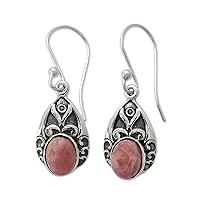 NOVICA Handcrafted .925 Sterling Silver Agate Dangle Earrings Antique Style Rosy Pink India Strawberry Ice Cashmere Rose Quartz Birthstone [1.3 in L x 0.4 in W x 0.2 in D] 'Agra Princess'