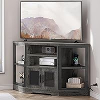 YITAHOME Corner TV Stand for TVs up to 55 Inch with Power Outlet, Modern Farmhouse Entertainment Center, Wood TV Media Console with Storage Cabinets Shelves for Living Room Bedroom, Gray Oak