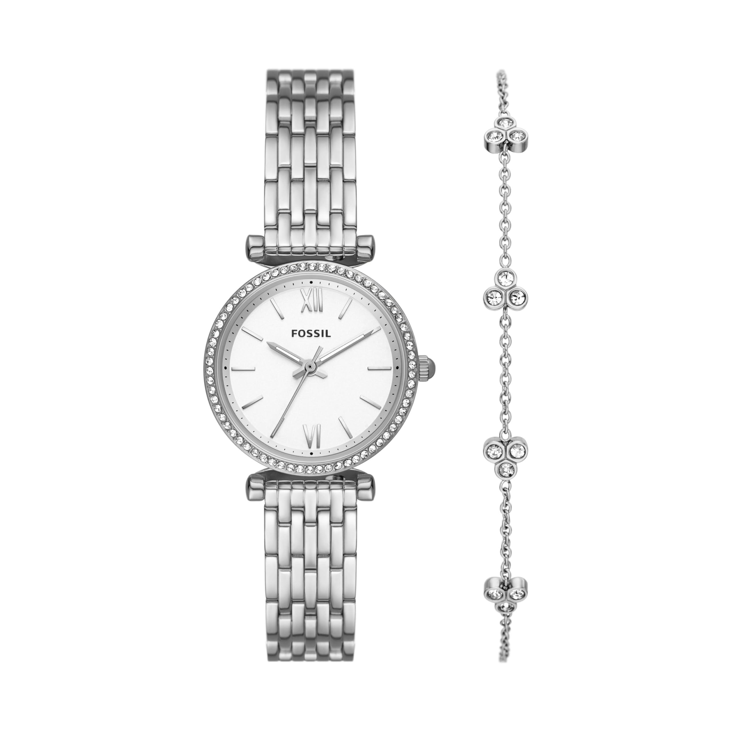 Fossil Women's Carlie Mini Quartz Stainless Steel Watch and Bracelet Gift Set, Color: Silver/Bracelet Set (Model: ES5315SET)
