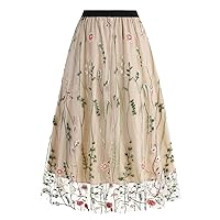 IMEKIS Women Vintage 1950s Embroidered Floral Tulle Midi Skirt Elastic High Waist A Line Flowers Mesh Swing Layered Skirt