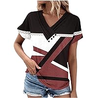 Women's Plus Size Tunic Tops Button Henley Casual T Shirts V Neck Geometry Printed Summer Short Sleeve Blouses