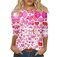 Cute Valentines Day Shirts, Women's Fashion Casual Round Neck 3/4 Sleeve Loose Christmas Printed T-Shirt Ladies Top