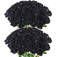Artificial Roses in Bulk, Fake Silk Roses Realistic Black Roses for Wedding Centerpieces Flower Arrangement Halloween Gothic Home Decor (50, Black)
