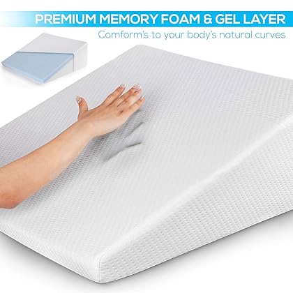 Healthex Bed Wedge Pillow Cooling Memory Foam Top – Elevated Support Cushion for Lower Back Pain, Acid Reflux, Heartburn, Allergies, Snoring – Ultra Soft Removable Cover