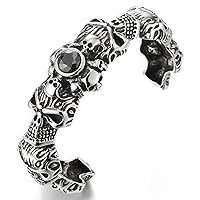 COOLSTEELANDBEYOND Heavy and Sturdy Mens Steel Skull Cuff Bangle Bracelet with Black Cubic Zirconia, Biker, Masculine