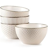 Ceramic Cereal Bowls Set - 26 Oz Embossed Soup Bowl - 6 Inch Stoneware Kitchen Bowl for Oatmeal Salad Dessert Rice - Microwave Dishwasher Oven Safe - Set of 4 - White