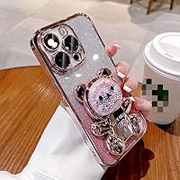 Compatible for iPhone 15 Pro Max Case Cute,Clear Gradient Glitter Bling Cover with Bear Mirror, Anti-Scratch Soft TPU Shockproof Protective Phone Cases with Stand for Women Girls (Pink)