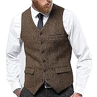 Men's Retro Herringbone Jacket Vest Tweed V Neck 6 Buttons Suit Waistcoat Gilet with 3 Real Pockets for Wedding Work Prom ( Color : Brown , Size : Large )
