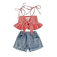 Toddler Baby Girls 4th of July Outfits Set Sleeveless Tassels Vest Tops+ Ripped Denim Shorts Summer Clothes