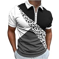 Mens Casual Quarter Zip Polo Shirt Leopard Print Color Block T Shirt Short Sleeve Slim Fit Stretch Lightweight Shirts Tops