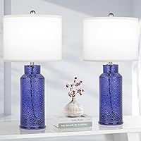 TOBUSA Blue Glass Table Lamps for Bedroom Set Of 2, Modern Bedside Lamp with White Linen Lampshade, Nightstand Blue Table Lamp for Living Room End Table Reading Desk, Easy Rotary Switch, No Bulb