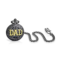 Bling Jewelry Personalize It Vintage Style Open Face Two Tone Daddy Father Gift Word DAD Pocket Watch for Men Numeral Skeleton Dial Gunmetal Gold Silver Plated Finish with Long Pocket Chain
