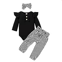 Little Girl Legging Infant Baby Kids Girls Outfits Ribbed Long-Sleeved Romper Tops Striped Pants (Black, 0-3 Months)