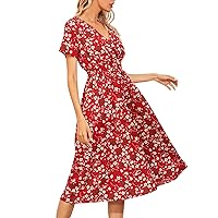 Floral Dress for Women, Women's Bohemian Long Flowing V Neck Short Sleeve Waisted Summer Dresses Maxi, S XL