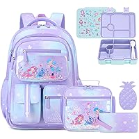 Kids School Backpack for Girls, Mermaids Bookbag Backpack with 43OZ Bento Lunch Box, Lunch Bag for Girls Kids Teens Elementary Middle School Student, Girls Backpack for School (4pcs Bento Box)