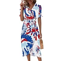 Women's 4Th of July Outfits Dresses Print Elegant Wrap V Neck Boho Dress Flowy Ruched Hawaiian Maxi Dress, S-3XL
